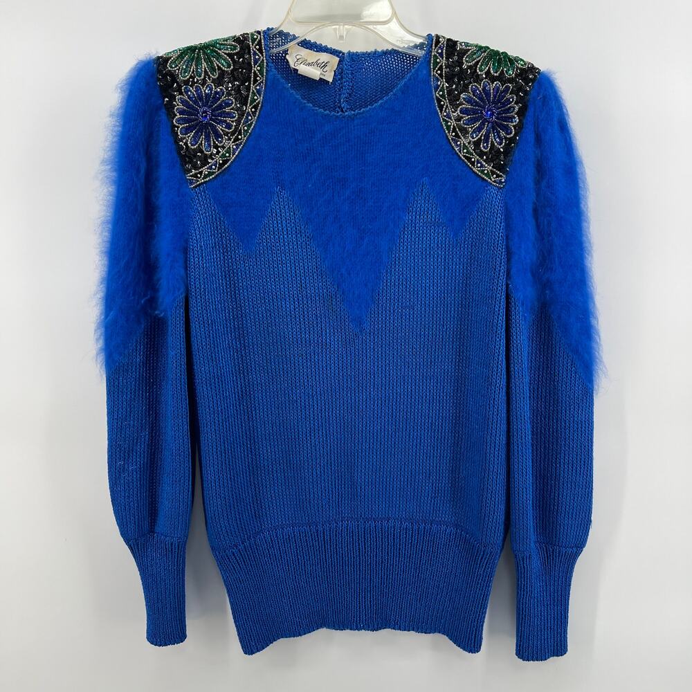 Vintage Retro 80s Elizabeth New York Blue Fur Flower Beaded Sweater Medium